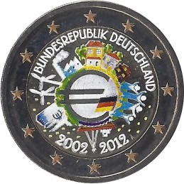 ALLEMAGNE- 2 Euros commémorative (couleurs) les 10 ans de l'euro (atelier A) 2012