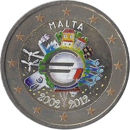 MALTE- 2 Euros commémorative (couleurs) les 10 ans de l'euro 2012
